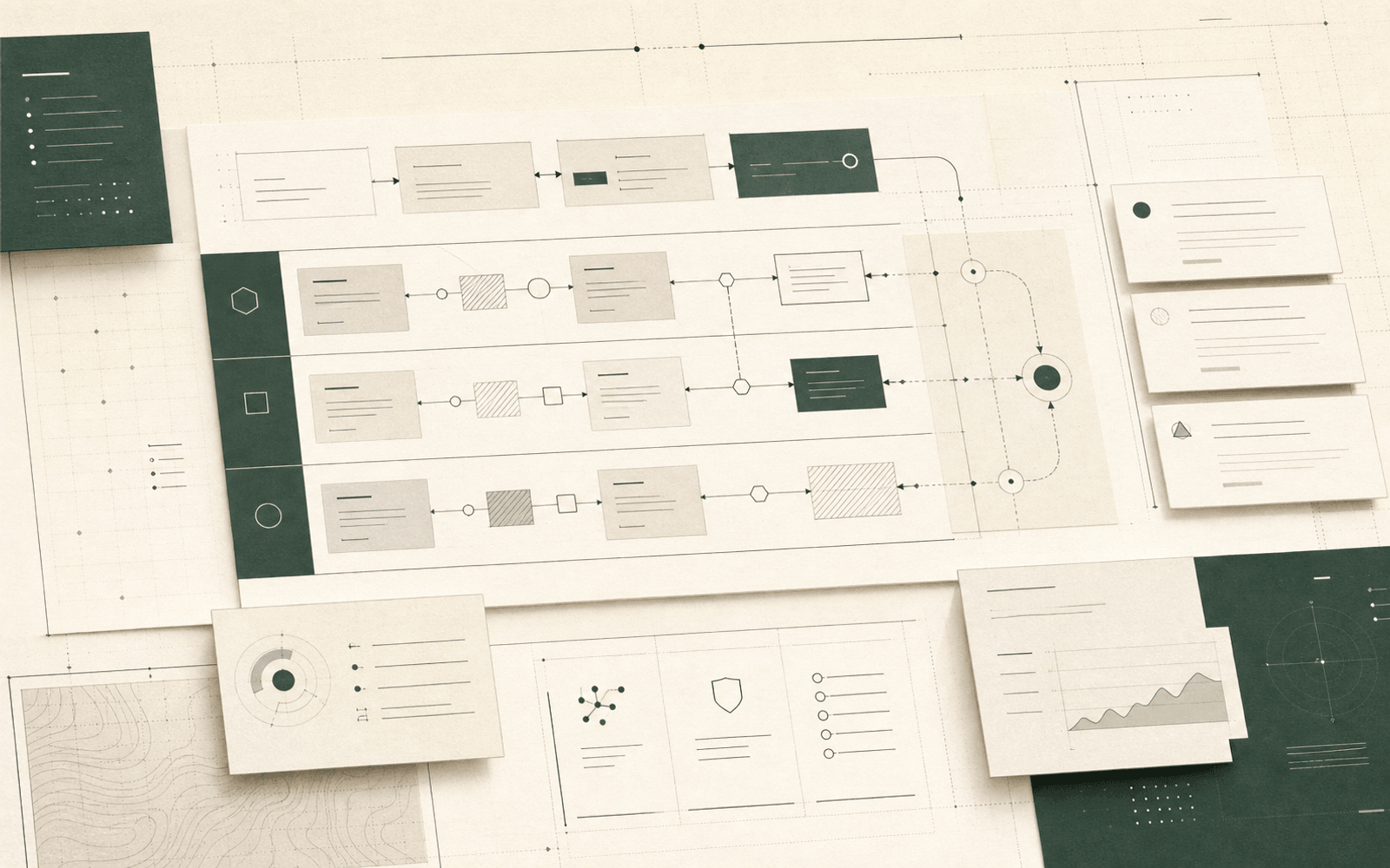 Abstract product engineering system board with delivery lanes and architecture cards